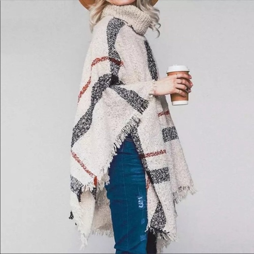 Plaid Turtleneck Fringe Women Poncho - Picture 3 of 5